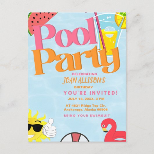 プールパーティー 夏の誕生日 招待状 スイカ (正面)