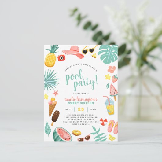 プールパーティー |夏モダンをテーマにした誕生日パーティー インビテーションポストカード (スタンド正面)