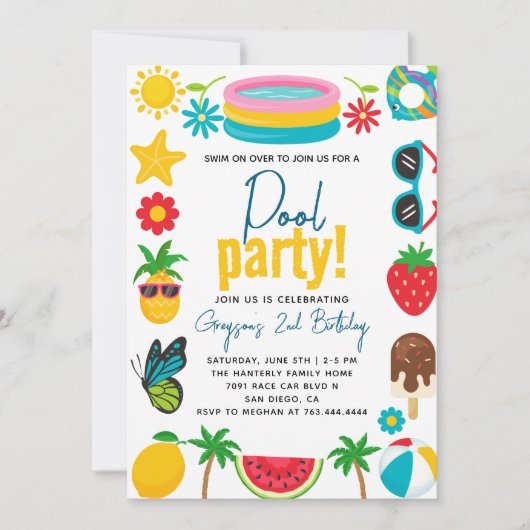 プールパーティー |夏モダンをテーマにした誕生日パーティー 招待状 (正面)
