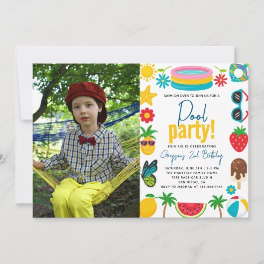 プールパーティー |夏モダンをテーマにした誕生日パーティー 招待状 (正面)