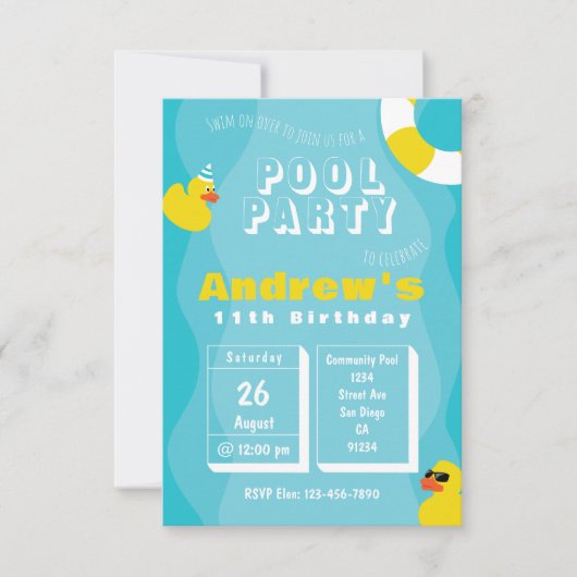 プールパーティー – 子供をテーマにした誕生日パーティーの招待状 招待状 (正面)