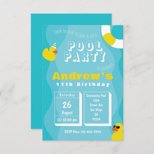 プールパーティー – 子供をテーマにした誕生日パーティーの招待状 招待状 (正面/裏面)