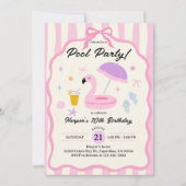 プールパーティー 手描き 水着 ティーンガール 誕生日 招待状 (正面)
