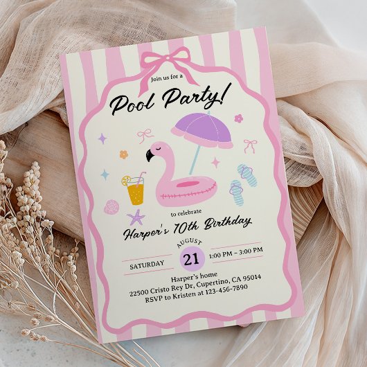 プールパーティー 手描き 水着 ティーンガール 誕生日 招待状