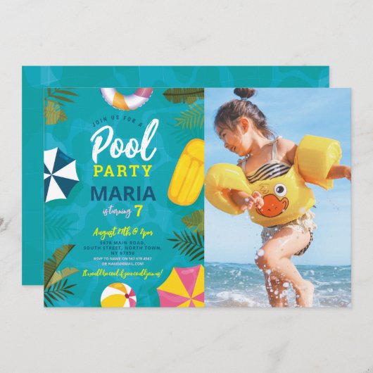 プールパーティー 水泳 夏 誕生日 楽しい招待状 招待状 (正面/裏面)