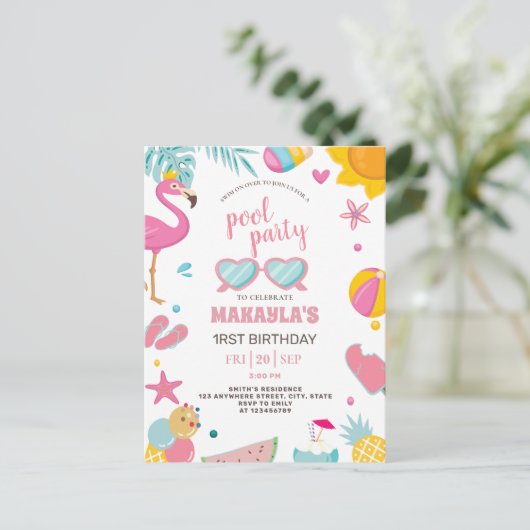 プールパーティー | 現代的な夏のテーマの誕生日パーティー ポストカード (スタンド正面)
