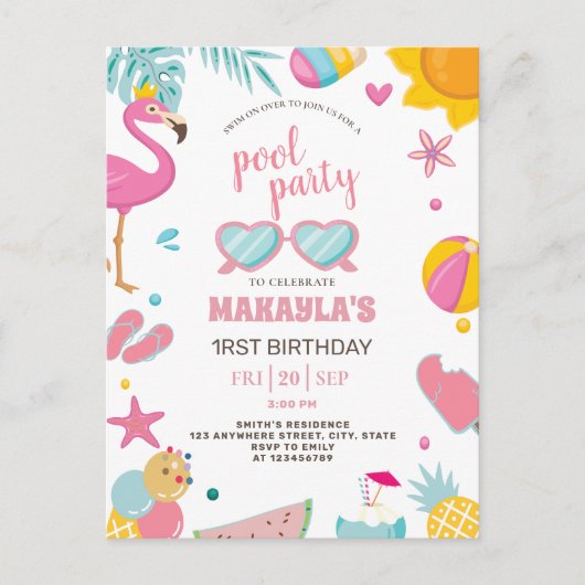 プールパーティー | 現代的な夏のテーマの誕生日パーティー ポストカード (正面)