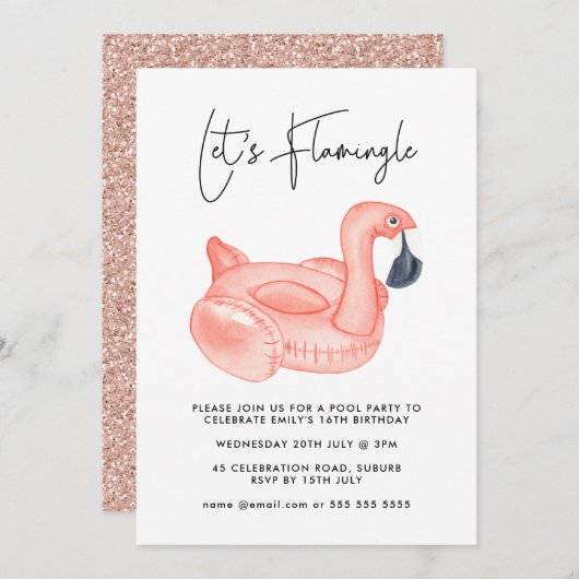 プールパーティー Let's Flamingle フラミンゴ ティーン 誕生日 招待状 (正面/裏面)