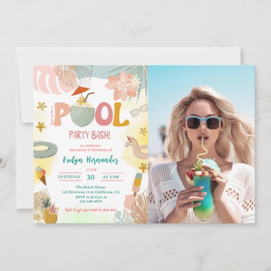 プールパーティーBash誕生日パーティーの写真 招待状 (正面)