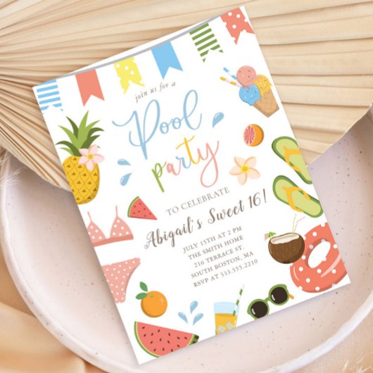 プールパーティーforガールズスウィート16誕生日 インビテーションポストカード