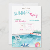 プールフロートグラスフラワーサマーバースデーパーティー 招待状 (正面)