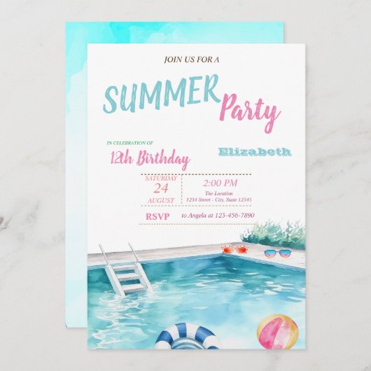 プールフロートグラスフラワーサマーバースデーパーティー 招待状 (正面/裏面)
