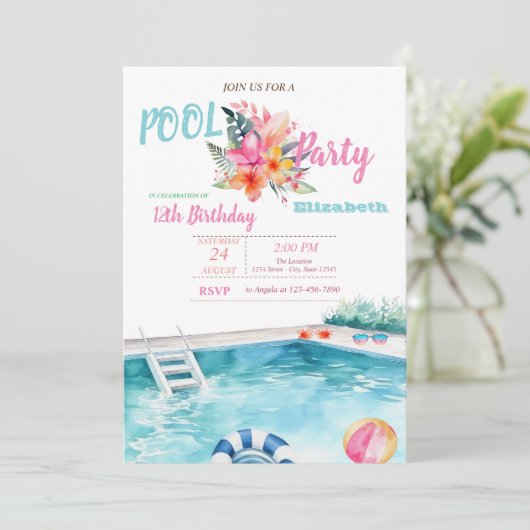 プールフロートグラスフラワーバースデーパーティー 招待状 (スタンド正面)