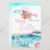 プールフロートグラスフラワーバースデーパーティー 招待状 (正面/裏面)