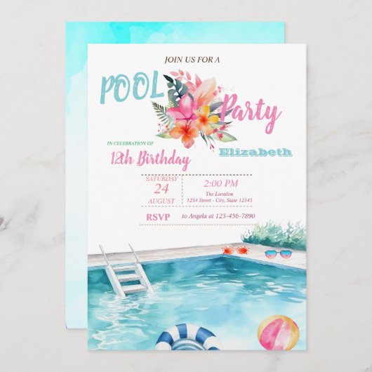 プールフロートグラスフラワーバースデーパーティー 招待状 (正面/裏面)