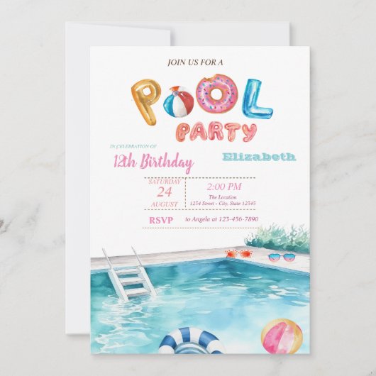 プールフロートグラスプールバースデーパーティー 招待状 (正面)