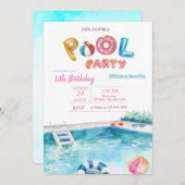 プールフロートグラスプールバースデーパーティー 招待状 (正面/裏面)