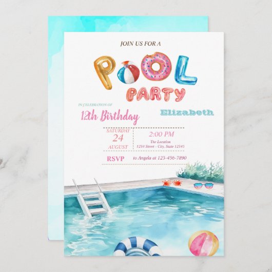 プールフロートグラスプールバースデーパーティー 招待状 (正面/裏面)