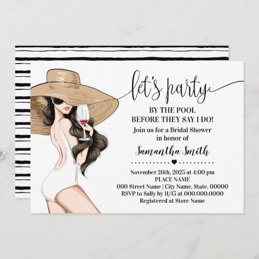 プールブライダルシャワーでパーティーを実行する前 招待状 (正面/裏面)