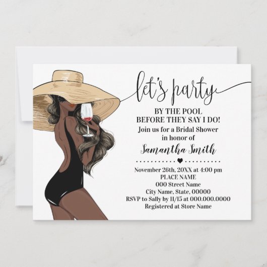 プールブライダルシャワーでパーティーを実行する前 招待状 (正面)
