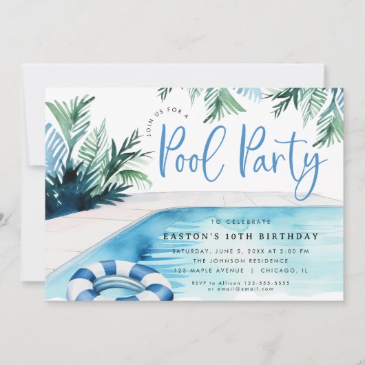 プールモダンバースデーパーティー青い白い夏 招待状 (正面)