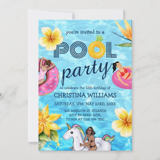 プールモダンパーティーサマーガール誕生日 招待状 (正面)