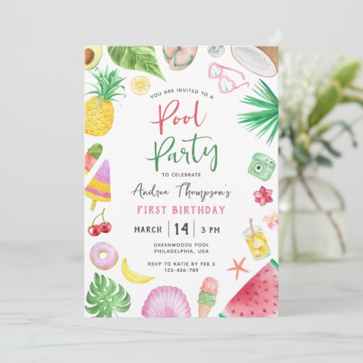 プールモダンパーティーサマーキッズ任意の年誕生日 招待状 (スタンド正面)