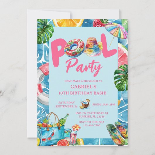 プールモダンパーティー誕生日招待状 招待状 (正面)