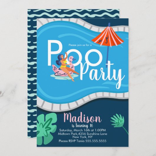 プールモダンパーティー誕生日10代の大人招待状 招待状 (正面/裏面)