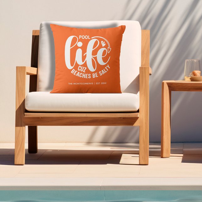 プールライフオレンジ アウトドアクッション (Personalized "Pool life cuz beaches be salty" graphic on orange outdoor pillow)