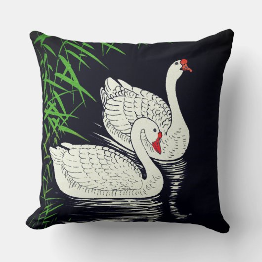 プール上の2つの白鳥 – 黒い背景の白 クッション (正面)
