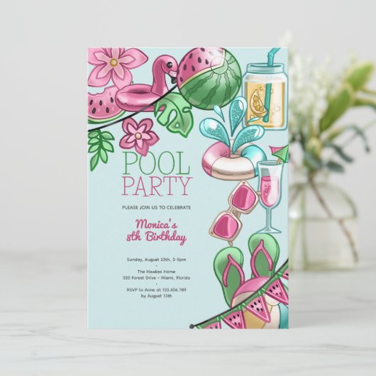 プール夏のパーティー誕生日 招待状 (スタンド正面)