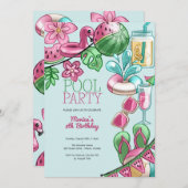 プール夏のパーティー誕生日 招待状 (正面/裏面)