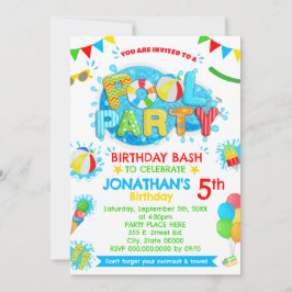 プール夏の誕生日パーティーのプライマリカラー 招待状