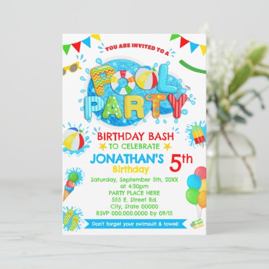 プール夏の誕生日パーティーのプライマリカラー 招待状 (スタンド正面)