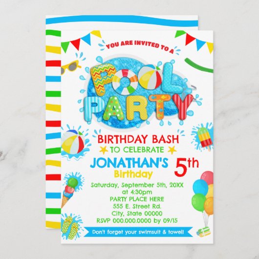 プール夏の誕生日パーティーのプライマリカラー 招待状 (正面/裏面)