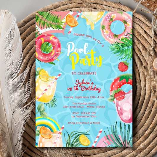 プール夏の飲み物誕生日パーティー 招待状