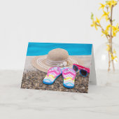 プール母の日の帽子とビーチサンダル カード (黄色い花)