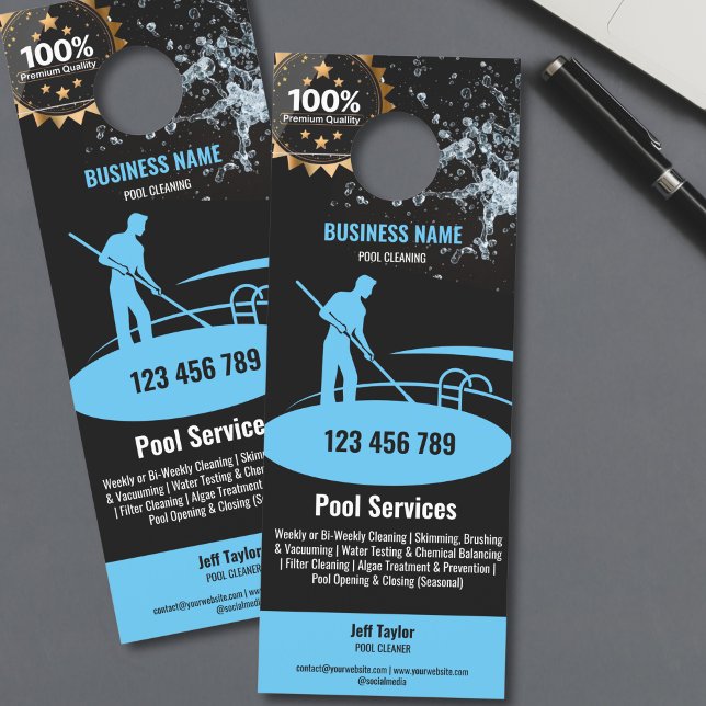 プール清掃サービス プールのメンテナンスと修理 ドアノブサイン (blue pool guy cleaning swimming pool, black background, door hanger flyer)