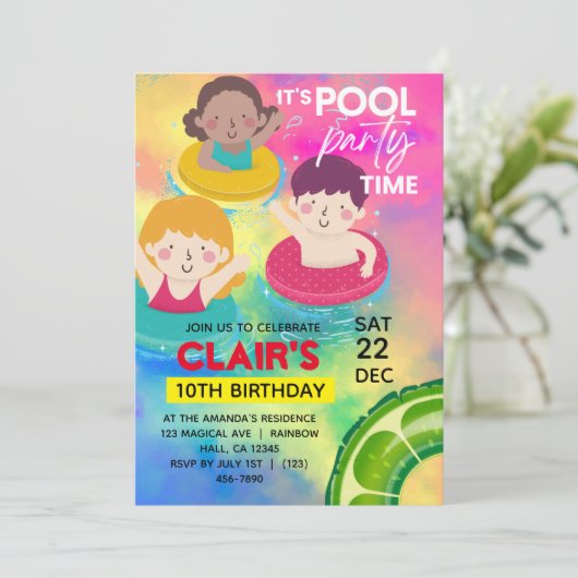 プール誕生日招待状スイミングキッズパーティー 招待状 (スタンド正面)