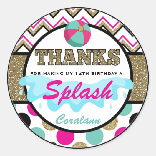 プール10代のパーティーサンキューメッセージカードパーソナライズされた ラウンドシール (正面)