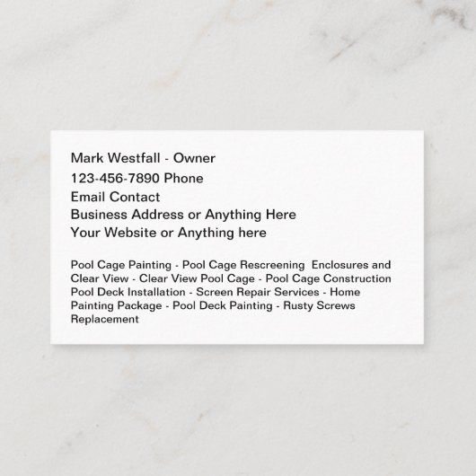 プール・ケージ修理の再審査ビジネス・カード 名刺 (裏面)