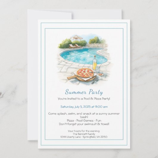 プール&ピザサマーパーティの招待状 招待状 (正面)