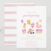 プール ピンク 夏 インスタントダウンロード パーティー 招待状 (正面/裏面)