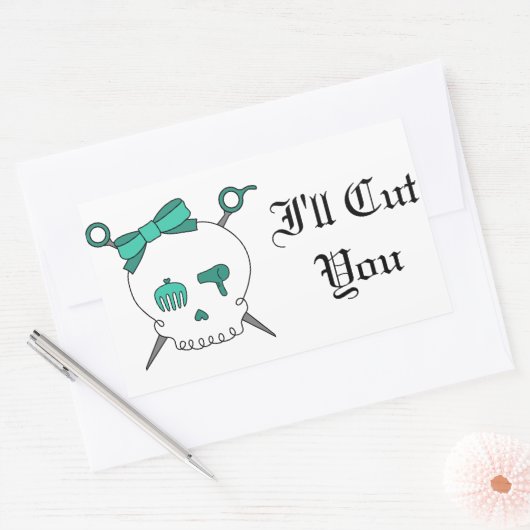 ヘアアクセサリースカル&はさみ(ターコイズ) 長方形シール (封筒)