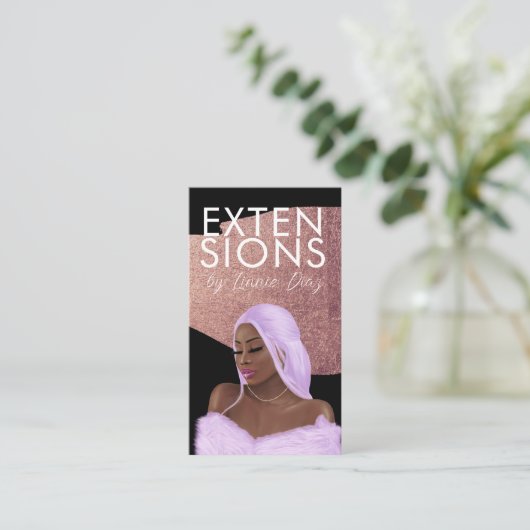 ヘアウィッグ拡張子編みサロンスクリプトピンク金ゴールド 名刺 (スタンド正面)