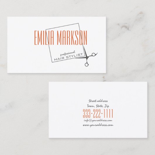 ヘアカットのスタイリストは箱のシンプルで白いカードを切ります 名刺 (正面/裏面)