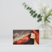 ヘアカットスタイリスト長赤毛名刺 名刺 (スタンド正面)