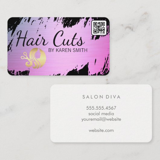 ヘアカット | 金ゴールドブラシ | 女性の美しいロゴ 名刺 (正面/裏面)