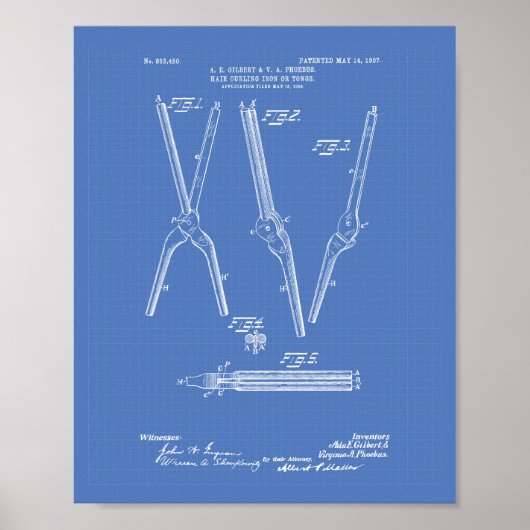 ヘアカーリングアイロン1907年パテントアートブループリント ポスター (正面)